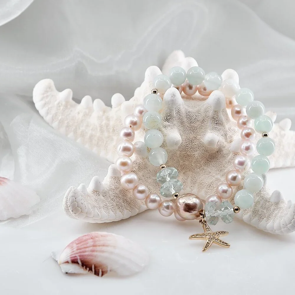 Charm Stretch Bracelet Set, Aquamarine, Pearls & Gold Filled CZ Starfish Charm